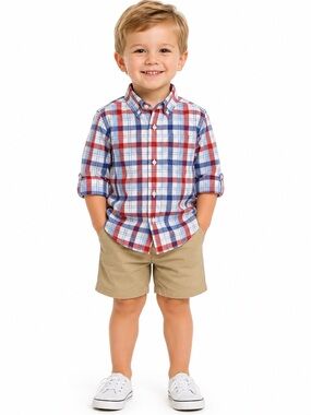 NWT Janie and Jack 2T Plaid Poplin Button-Up Shirt Red White Blue Patriotic